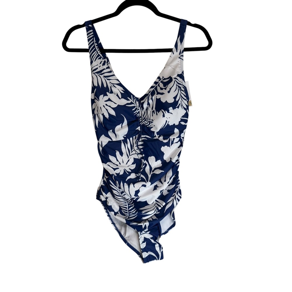 B2PRITY Navy White Tropical Floral Ruched‎ One Piece Swimsuit Women's Small